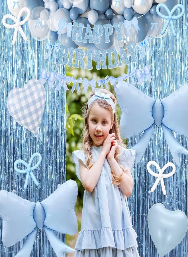 Togvu Dusty Blue Bow Birthday Decorations, Coquette Bow Blue White and Clear Balloons with Happy Birthday Banner Fringe Curtain Cake Toppers for Women Girls Baby Shower Party Supplies - Image 3